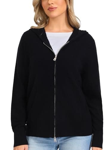 Image of VETLURY 100% Merino Wool Zip Up Women's Hoodies UK，Warm 2-Way Zipped Hooded Cardigan with Pockets Lightweight Sweatshirts Cropped Knit Sweater for Fall Winter Spring Black