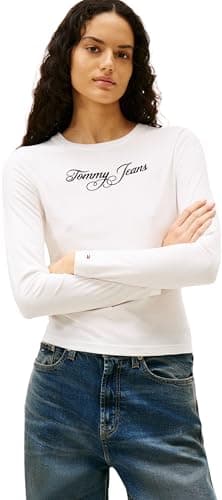 Image of Tommy Jeans Women's Tjw Slim Essential Logo 1 Ls Tee Dw0Dw21844 L/S T-Shirt, White (Ecru), XL