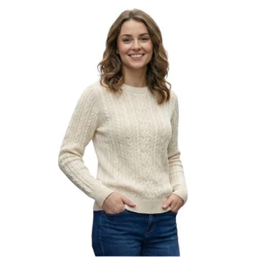 Image of Women’s Cable Knit Jumper Long Sleeve Crew Neck – Soft Fisherman Ladies Sweater, Warm Winter Knit Pullover-Ivory M -L