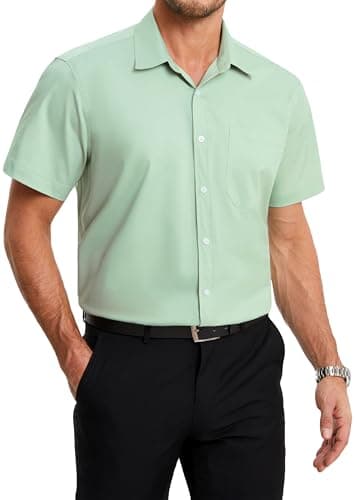Image of HISDERN Mens Short Sleeve Shirts Green Bamboo Shirt for Men Regular Fit Casual Wrinkle Free Shirt with Pocket L