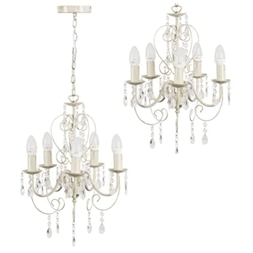 Image of MiniSun | Traditional Cream 5 Way Ceiling Light Chandelier with Acrylic Jewels | Home Décor, Bedside & Desk Lamp | Mains Wired