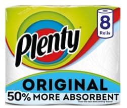 Image of Plenty Kitchen Towel, 8 White Rolls - 760 Sheets - 2 Ply - Strong, Absorbent Paper Towel for Household Use, Cleaning and Mopping Spills