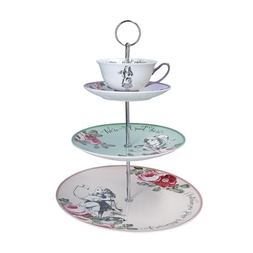 Image of MIKASA and the V&A 3-Tier Cake Stand, Afternoon Tea Stand with Teacup, Alice in Wonderland Teaware, Bone China, Dishwasher Safe & Gift Boxed