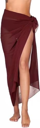 Image of Beach Sarongs Wrap - Womens Long Beachwear Bikini Cover Up Chiffon Swimsuit Wrap Skirts Ladies Summer Sarong for Holiday (Wine Red, One Size)