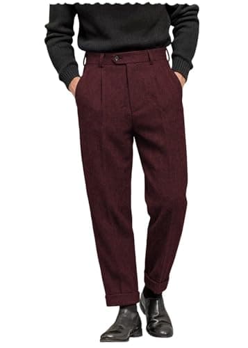 Image of AeoTeokey Men's Suit Pant Herringbone Tweed Dress Vintage Trousers Casual Thick Wool Pleated Front (Burgundy, 38W x 32L)