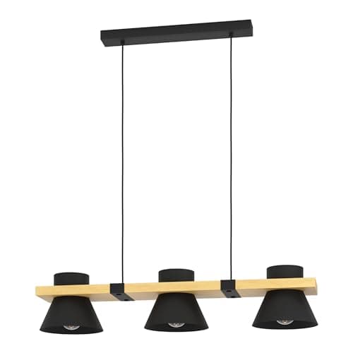 Image of Eglo Pendant Lighting Maccles, 3 lamp Ceiling Light Fitting for Dining Room, FSC100HB, Hanging lamp Made of Wood and Black Metal, E27 Socket, 31"