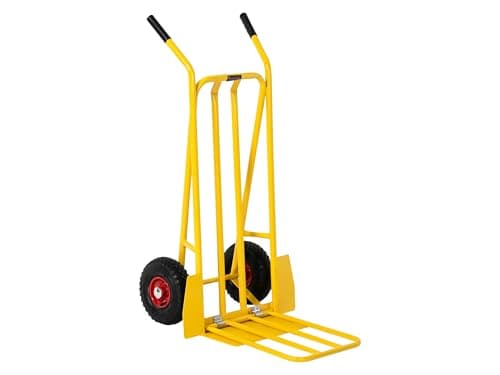 Image of Heavy Duty Folding Sack Truck, Yellow Steel Delivery Trolley with Fixed & Folding Extended Base Plate & Pneumatic Tyres for Office, Warehouse, Retail