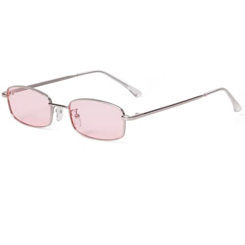 Image of Laurinny Retro Narrow Rectangle Sunglasses for Women Men Vintage 90s Small Metal Frame Square Glasses(Silver/Pink)