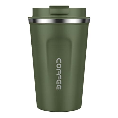 Image of MOMSIV Coffee Cup, 380ml Vacuum Reusable Leakproof Double Wall Coffee Cup, Insulation Stainless Steel Eco-Friendly Travel Office Mug for Hot Coffee Tea and Cold Drinks (Green)