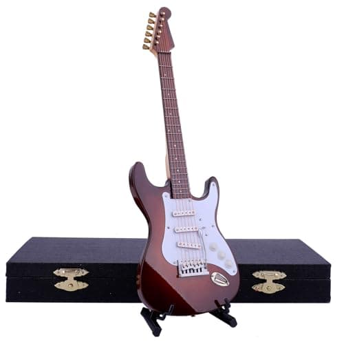 Image of Dselvgvu Wooden Miniature Electric Guitar with Stand and Case Mini Musical Instrument Electric Guitar Replica Collectible Figurines Model Home Decoration Display Ornament (Brown, 9.45"x3.03"x0.63")