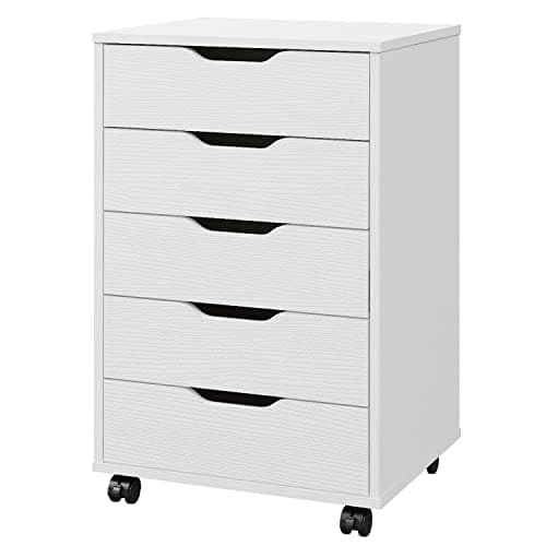 Image of Panana 5/7 Drawers Chest, Mobile File Cabinet with Wheels Storage Organiser Chest Home Office Dresser Cabinet Side Filing Cupboard (White, 5 Drawers)