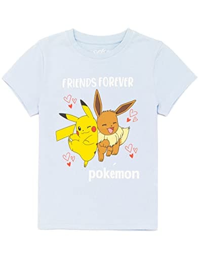 Image of Pokemon T-Shirt Girls Kids Pikachu Eevee Friends Game Blue Top 5-6 Years