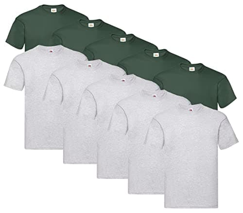 Image of Fruit of the Loom Men's Valueweight Short Sleeve T-Shirt, Matt (Pack of 5), 5 x grey + 5 x bottle green + 1 Hl Kauf notepad, M