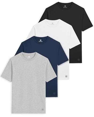 Image of ThreadCo Men's T-Shirts - 100% Cotton - Premium Weight 180gsm Mens T Shirt - Tailored-Fit Crew Neck Tee - Soft, Breathable & Pre-Shrunk - 4 Pk - Black, Grey, White & Navy Blue - Large