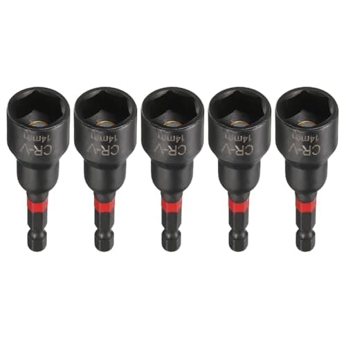 Image of sourcing map 5pcs Nut Driver Drill Bit 14mm Metric Socket 1/4" Hex Shank 3" (65mm) Long Magnetic 6-Point Sockets Quick Change Phosphated CR-V Steel Bolt Setters for Power Drill Drivers, Black