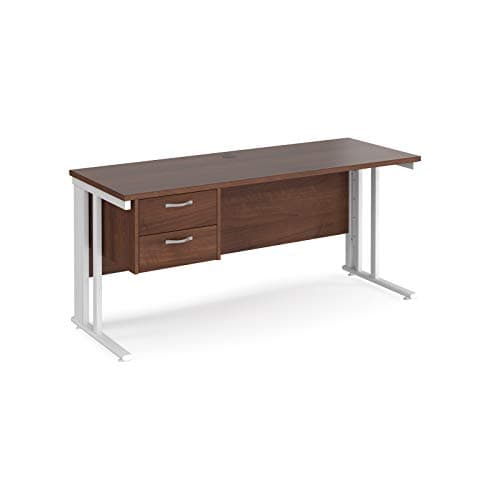 Image of Mr Office Maestro 25 straight desk 600mm deep with 2 drawer pedestal - white cable managed leg, 1600, Walnut