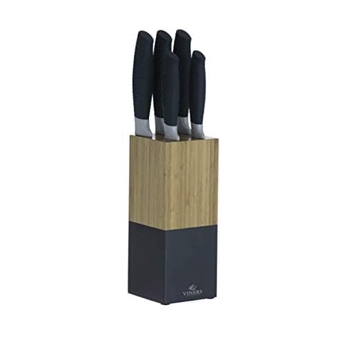 Image of Viners Horizon Knife Block Set of 6-Piece, 5 Kitchen Knives and Bamboo Knife Holder, Chef, Santoku, Carving, Utility and Paring Knives, Indigo, Stainless Steel, 0305.194