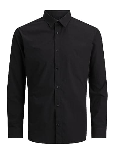 Image of JACK & JONES Men’s Long Sleeve Shirt, Plain Cotton Button-Down Casual Shirt with Full Front Fastening and Classic Collar – Smart Casual Style Shirt, Black Colour, UK Size - L