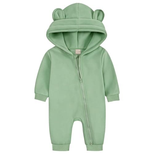 Image of ABOHU Baby Zipper Hooded Rompers Cotton Newborn Infant Spring Fall Bodysuit Baby Boys Girls Romper One Piece Long Sleeves Bear Ear Hoodie Jumpsuit 0-6 Months