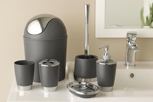 Image of Bathlux Modern Design 6 Piece Bathroom Accessory Set, Toilet Brush, Waste Bin, Soap Dish, Tooth Brush Holder Soap Dispenser, Rinse Cup (Grey)