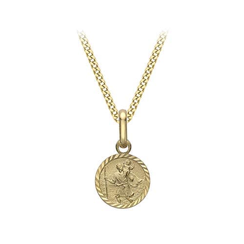 Image of CARISSIMA Women's 9ct Yellow Gold Diamond Cut and Satin Round St Christopher Pendant 7.9mm x 15.5mm on 9ct Yellow Gold Diamond Cut Curb Chain Necklace - 0.4mm - Length 46cm/18'