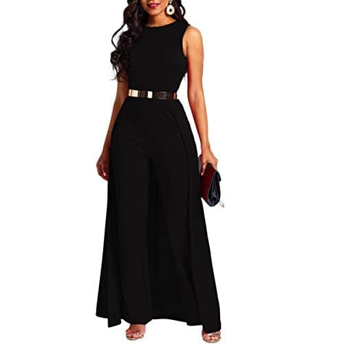 Image of VERWIN Patchwork Overlay Embellished Plain Women's Jumpsuit High-Waist Woman Romper (X-Large, Black)