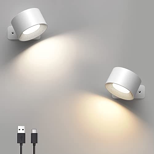 Image of Mexllex 2PCS LED Wall Light Indoor, Rechargeable 360°Rotatable Touch Control Lamps, 3 Brightness Levels Colour Modes, Wireless Sitck on Lights, Reading Lights for Bedroom Bedside Lamp-White