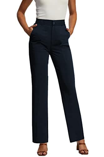 Image of femiss High Waisted Straight Leg Trousers Ladies Smart Office Formal Wear, with 2 Side Pockets, Tailored Women Workwear, Uniform Bottoms for Teens, Girls, (Navy Blue -18)