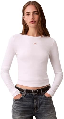 Image of Calvin Klein Women's LS Woven Label 2X2 Rib Crew TOP LV047E205G Other Tops, White (Brilliant White), M