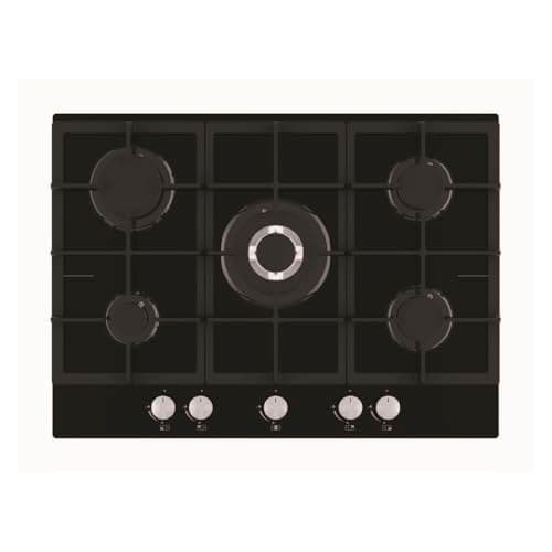Image of Cookology Essentials AEGOG70BK Gas Hob 70cm - Gas on Glass Kitchen Hob - 5 Burner with 3.5kW Wok Burner - Cast Iron Stands - Auto Ignition - Flame Safety - LPG Kit - Black