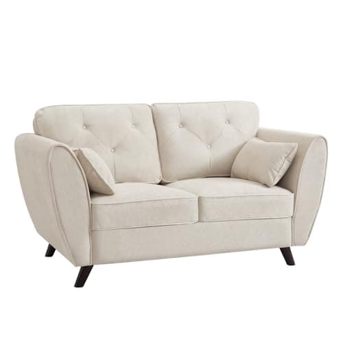 Image of Home Detail Fabric Sofa as 2 Seater Sofa and 3 Seater Sofa Size, Linen or Velvet Couch with Matching Cushions & Wooden Legs (Cream Linen, 2 Seater)