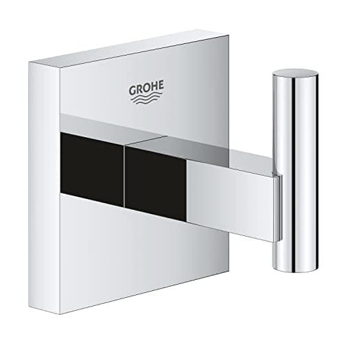 Image of GROHE Start Cube Robe Hook - Bathroom Wall Mounted Shower Towel Hanger (Metal, Concealed Fastening, Including Screws and Dowels), Extra Easy to Fit QuickGlue, Chrome, 40961000