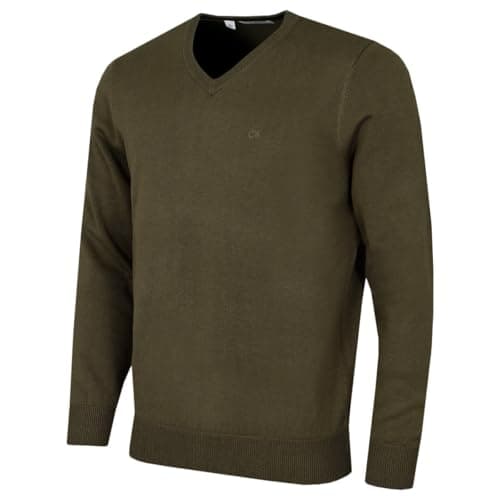 Image of Calvin Klein Mens V-Neck Soft Cotton Sweater - Dusty Olive - L