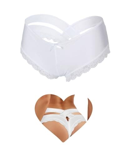 Image of ohyeahlady Women's Underwear Lace Thongs Sexy Cross Backed Cheeky Knickers Panties Ladies Bikini Briefs White Satin Knickers Size 12 14
