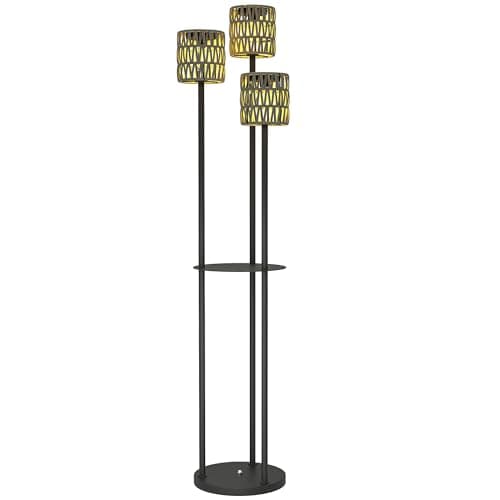 Image of Outsunny Boho Rattan Floor Lamp, 3-Lights Rattan Lamp with Shelf, Freestanding Solar Garden Light with Auto On/Off Lights, IP44 Waterproof for Porch, Pathway, Terrace, Grey