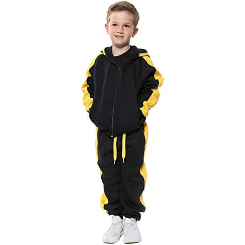 Image of A2Z 4 Kids Girls Boys Tracksuit Plain Zipped Hooded Sweatshirt Top Bottoms Gym Jogging - T.S 102 Black Yellow 7-8