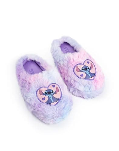 Image of Disney Lilo & Stitch Girls Purple, Pink & Blue Heart Character Mule Slippers | Fluffy Indoor Slippers for Home Loungewear with Stitch Design | Lilo & Stitch Merch - 12 UK Child