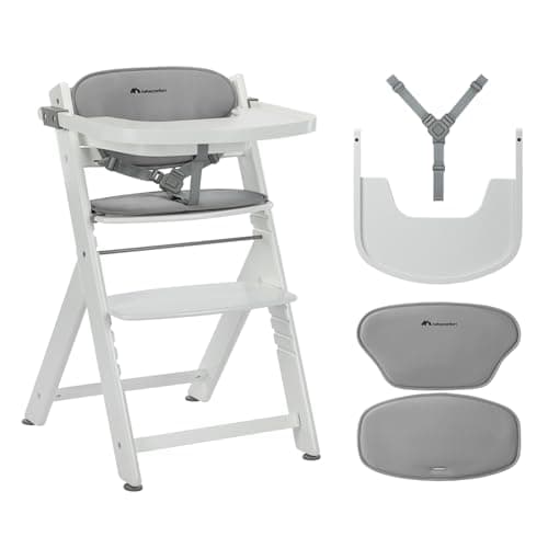 Image of Bebeconfort Timba 2 with Cushion, Evolutive Wooden Highchair, 6+ Months, Up to 110 kg, Ergonomic Baby High Chair, Fits Most Dining Tables, Removable Tray, White + Grey