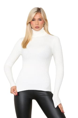 Image of Ladies Long Sleeve Polo Neck Jumper Wool Knit Ribbed Sweater Winter Warm Knitted Tunic Womens Christmas Fashion Sweatshirt Casual Wear Outdoor Jumper Top (Cream UK 8-10)