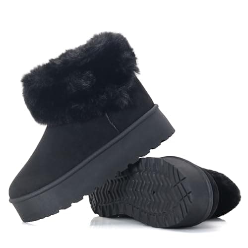 Image of Women’s Faux Fur Lined Platform Ankle Boots, Warm Winter Suede-Effect Slip On Short Boots with Non Slip Sole, Cosy Outdoor (BLACK, One Size, Adult, Women, 6, Numeric, UK Footwear Size System, Medium)