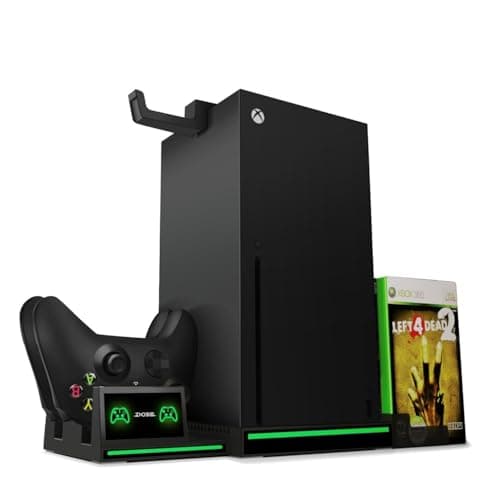 Image of TNP Products Xbox Series X Vertical Stand - 2 Pack 300mAh Rechargeable Battery Controller Charger with 10 Slot Game Storage and Headset Hook