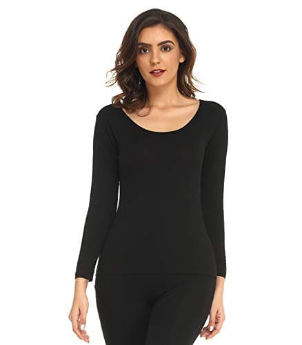 Image of Mcilia Women's Ultrathin Modal Round Neck Long Sleeve Thermal Top/Shirt Black Medium (UK Size 12 14)
