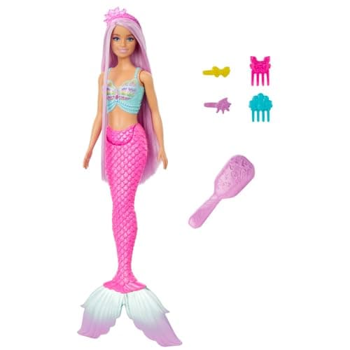 Image of Barbie Mermaid Doll with 7-Inch-Long Pink Fantasy Hair and Colorful Accessories for Styling Play like Headband and Barrettes, HRR00