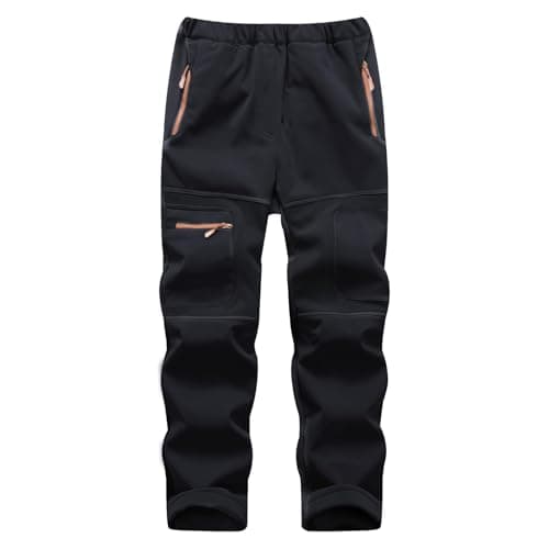 Image of BWBIKE Kids Boy's Snow Waterproof Windproof Trousers Youth Outdoor Fleece Lind Hiking Softshell Warm Insulated Trousers with 4 Zipper Pockets Black