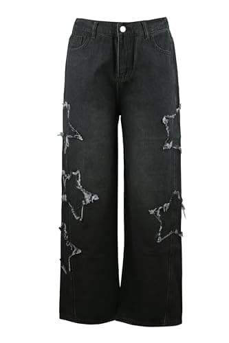 Image of YINGWIN Women's Star Spliced Loose Jean Y2K Jeans Vintage Loose Wide Leg Jeans Grunge Clothes Emo Casual Trousers Black
