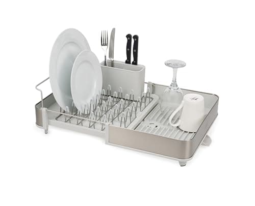 Image of Joseph Joseph Extend Steel Expandable Dish Drainer Rack With Removable Cutlery Holder Swivel Draining Spout, Stainless Steel