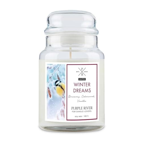 Image of Purple River Large Scented Candle in Glass with Lid | Winter Dreams | Scented Candle Winter | Candles Long Burning Time (140 h) | Scented Candle Soy Wax | Candles White (623 g)
