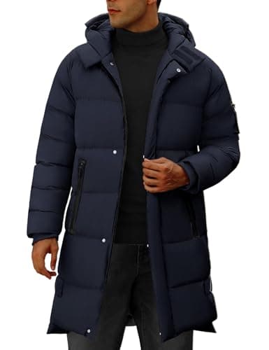 Image of Yuson Girl Winter Jackets for Men Lightweight Thermal Puffer Jacket with Hood Water Repellent Men's Winter Coat Windproof Thickened Jacket Coat Long Zipper Parka Coat for Outdoor Casual(Navy, L)