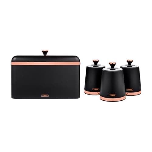 Image of Tower Cavaletto Bread Bin, Removable Lid and Set of 3 Storage Canisters for Coffee/Sugar/Tea, Steel, Black and Rose Gold