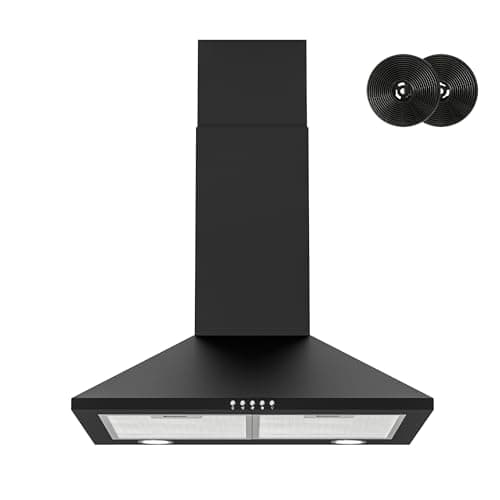Image of FIREGAS Black 60 cm Chimney Cooker Hood with Brushless Motor, Extractor Hood with LED and Recirculating & Ducting System Wall Mounted Range Hood with Recirculating Carbon Filter